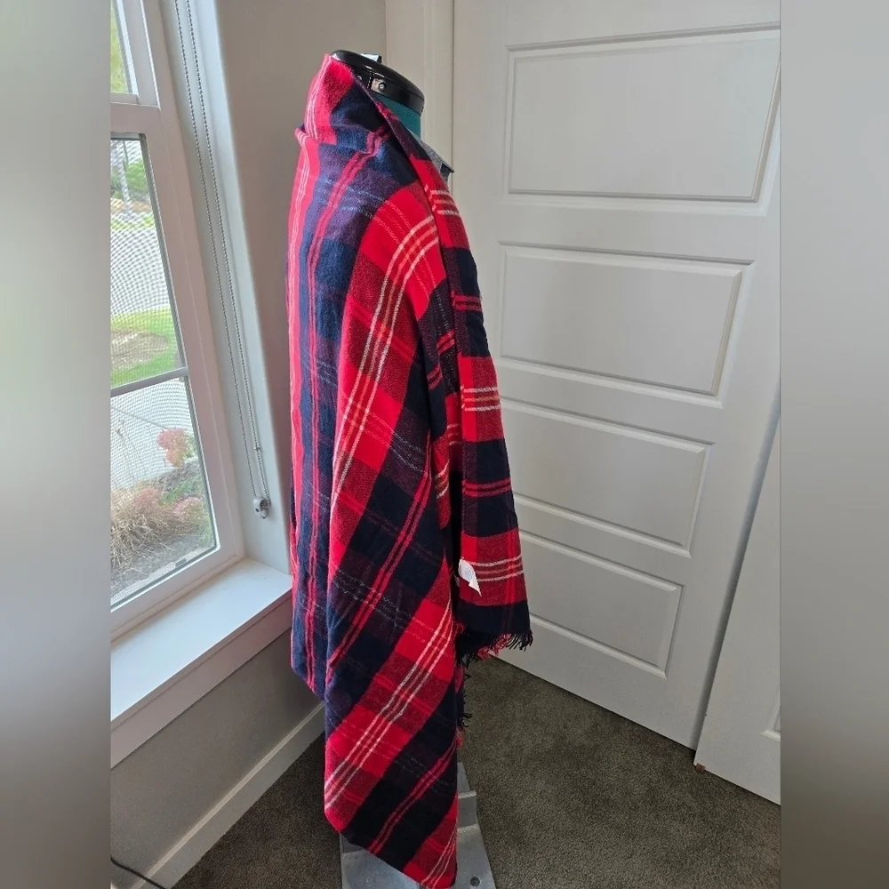 LOFT OVERSIZE RED & BLUE PLAID BLANKET SCARF SHAWL WRAP COTTON BLEND WOMEN OS